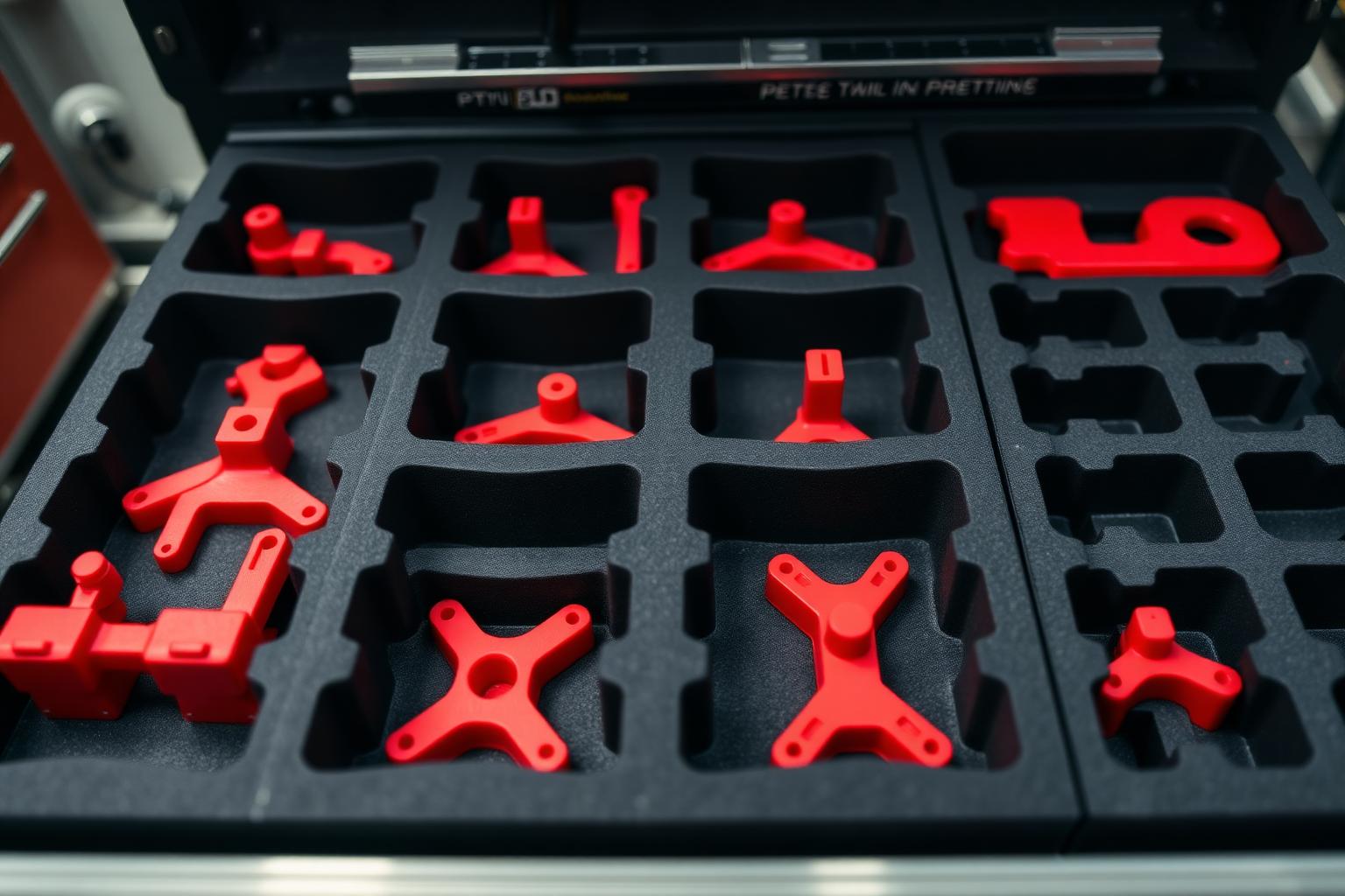 Custom 3D-printed manufacturing jigs organized in foam-fitted tool chest drawers