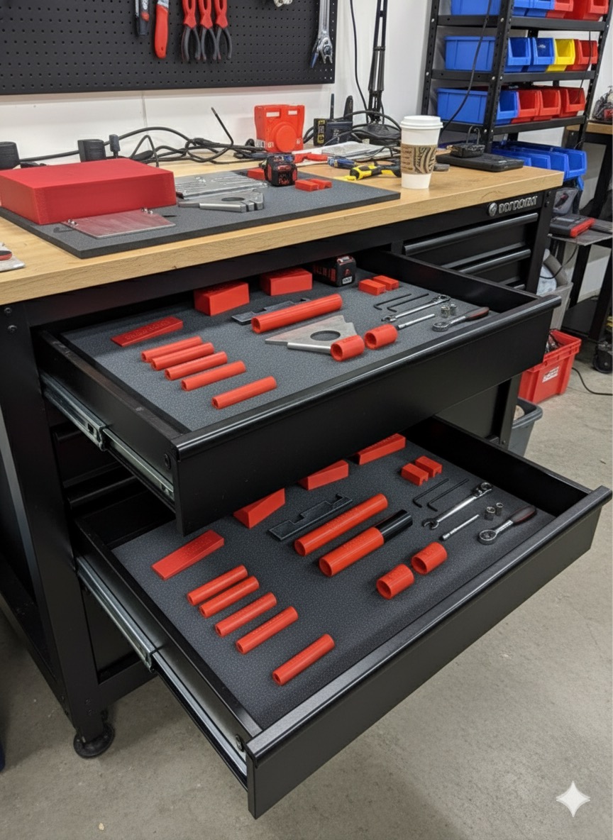 Custom 3D-printed manufacturing jigs organized in foam-fitted tool chest drawers